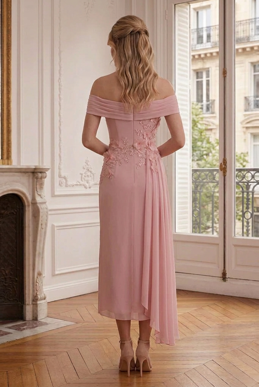 Off-Shoulder Floral Appliqué Midi Dress