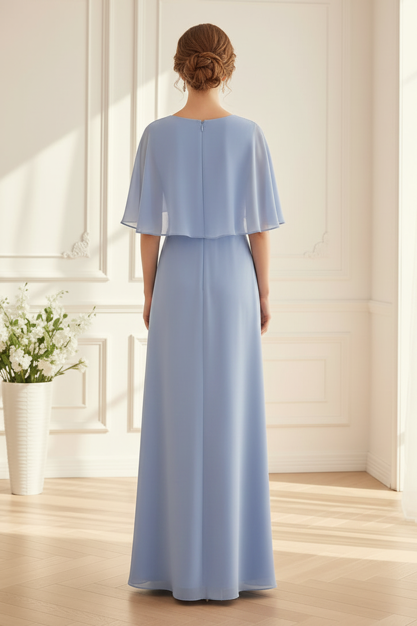 A-Line Chiffon Cape Dress with Floral Embroidery