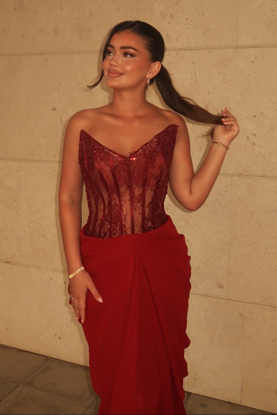 Strapless Corset Evening Gown with Draped Skirt