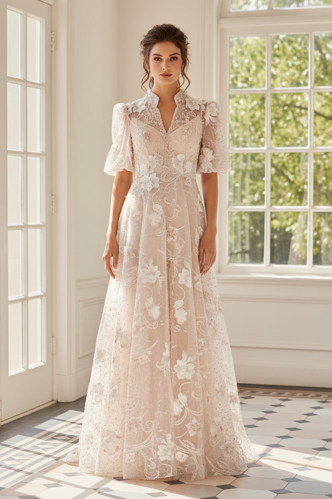 Floral Applique A-Line Formal Gown with Elbow Sleeves