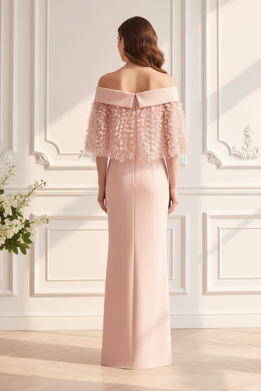 Off-the-Shoulder 3D Floral Cape Evening Gown