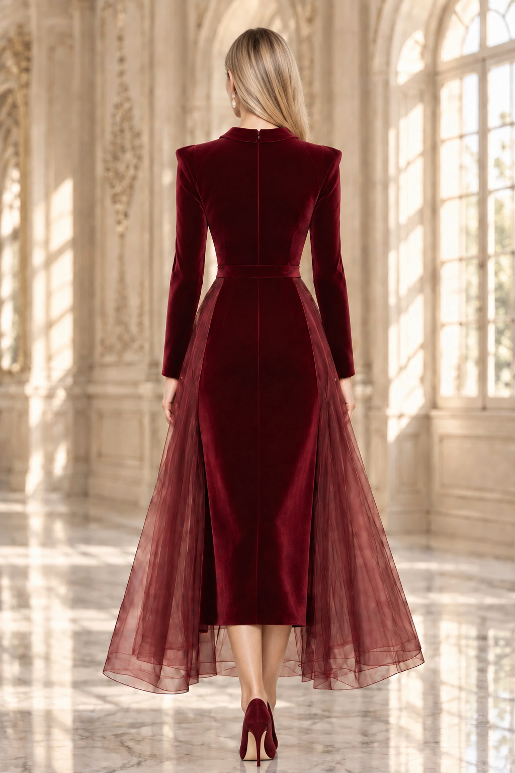 Long Sleeve Velvet Midi Dress with Tulle Side Panels