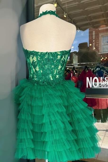 Halter Deep V-Neck Corset Tiered Tulle Mini Dress