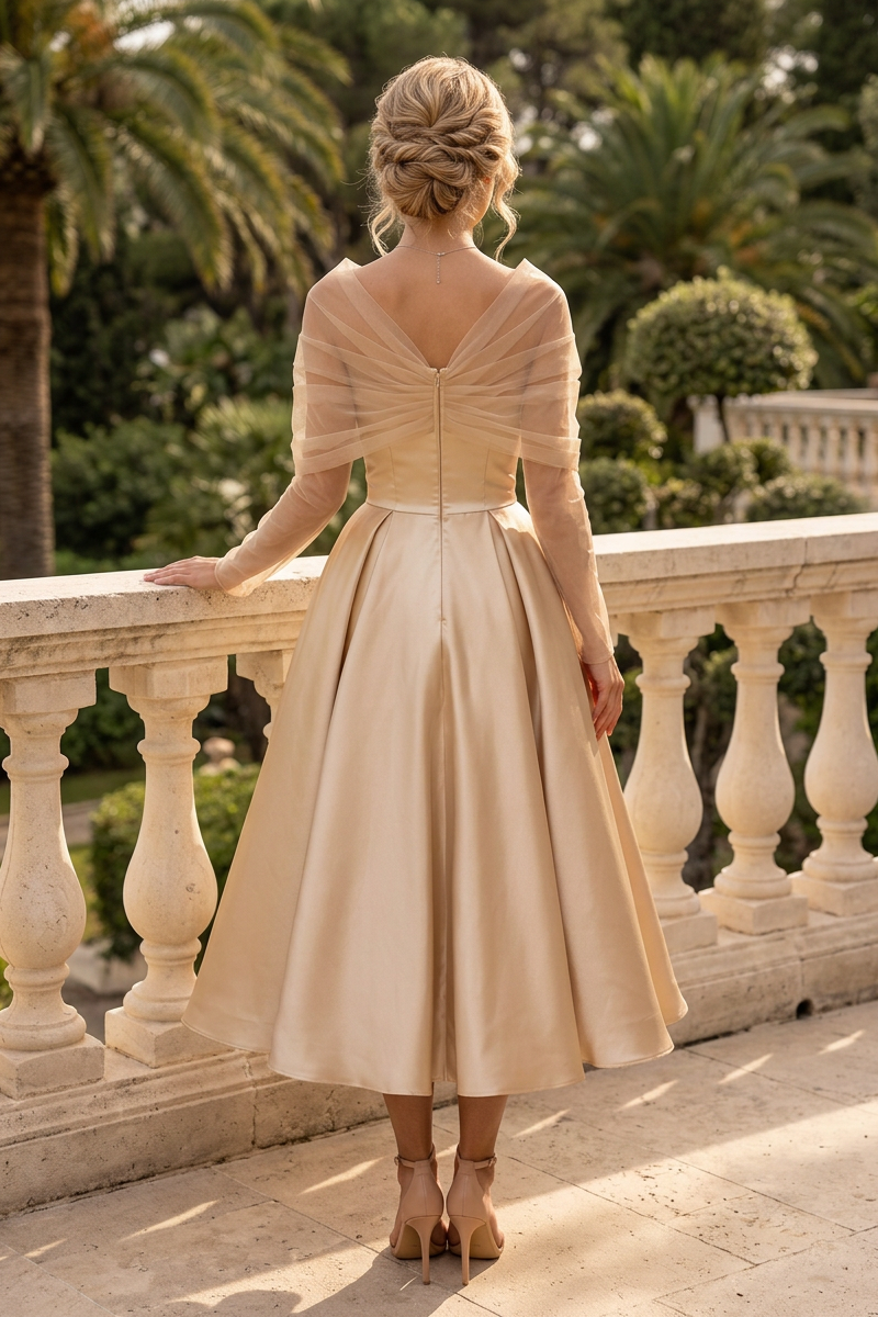 Tulle Wrap Bodice Satin Tea-Length A-Line Dress