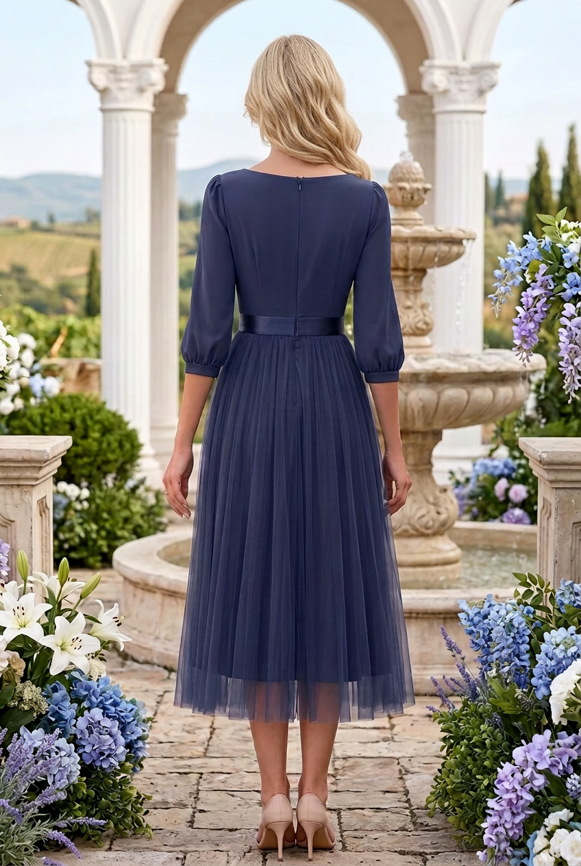 Cowl Neck Tulle Midi Dress with 3/4 Sleeves