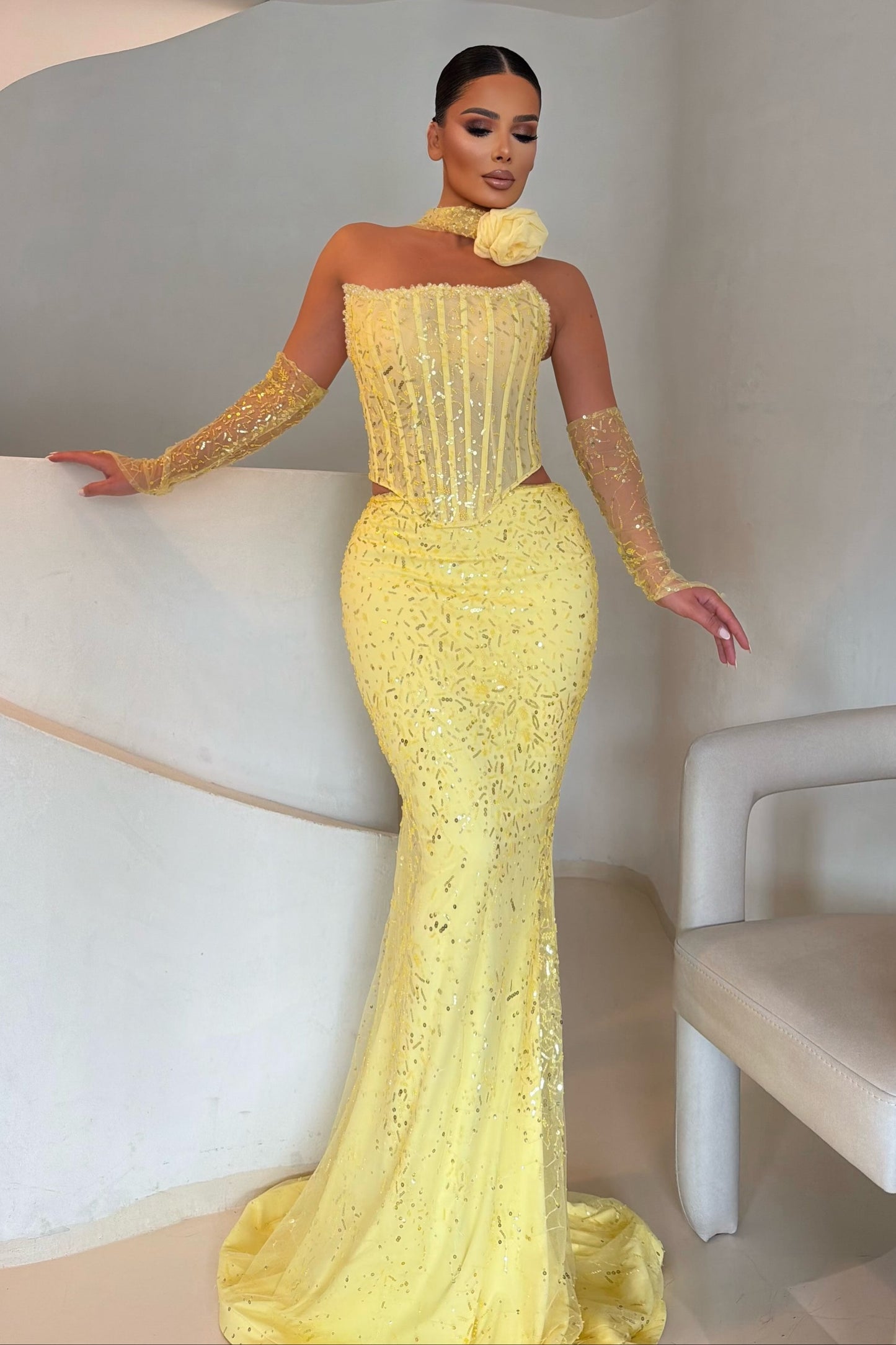 Strapless Corset Mermaid Gown with Matching Gloves