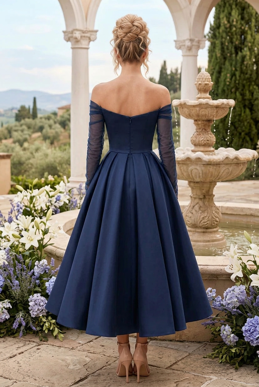 Off-the-Shoulder Tea-Length A-Line Dress