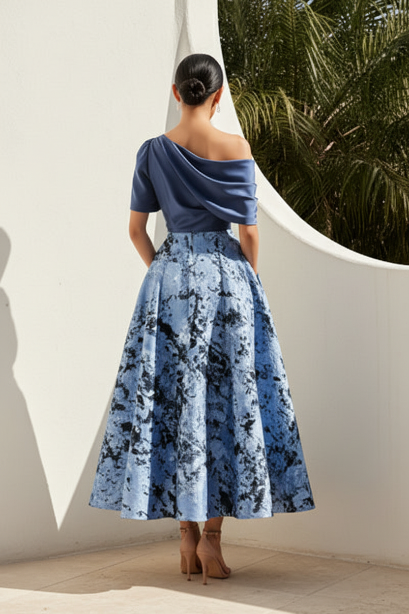 One-Shoulder A-Line Midi Dress with Pockets