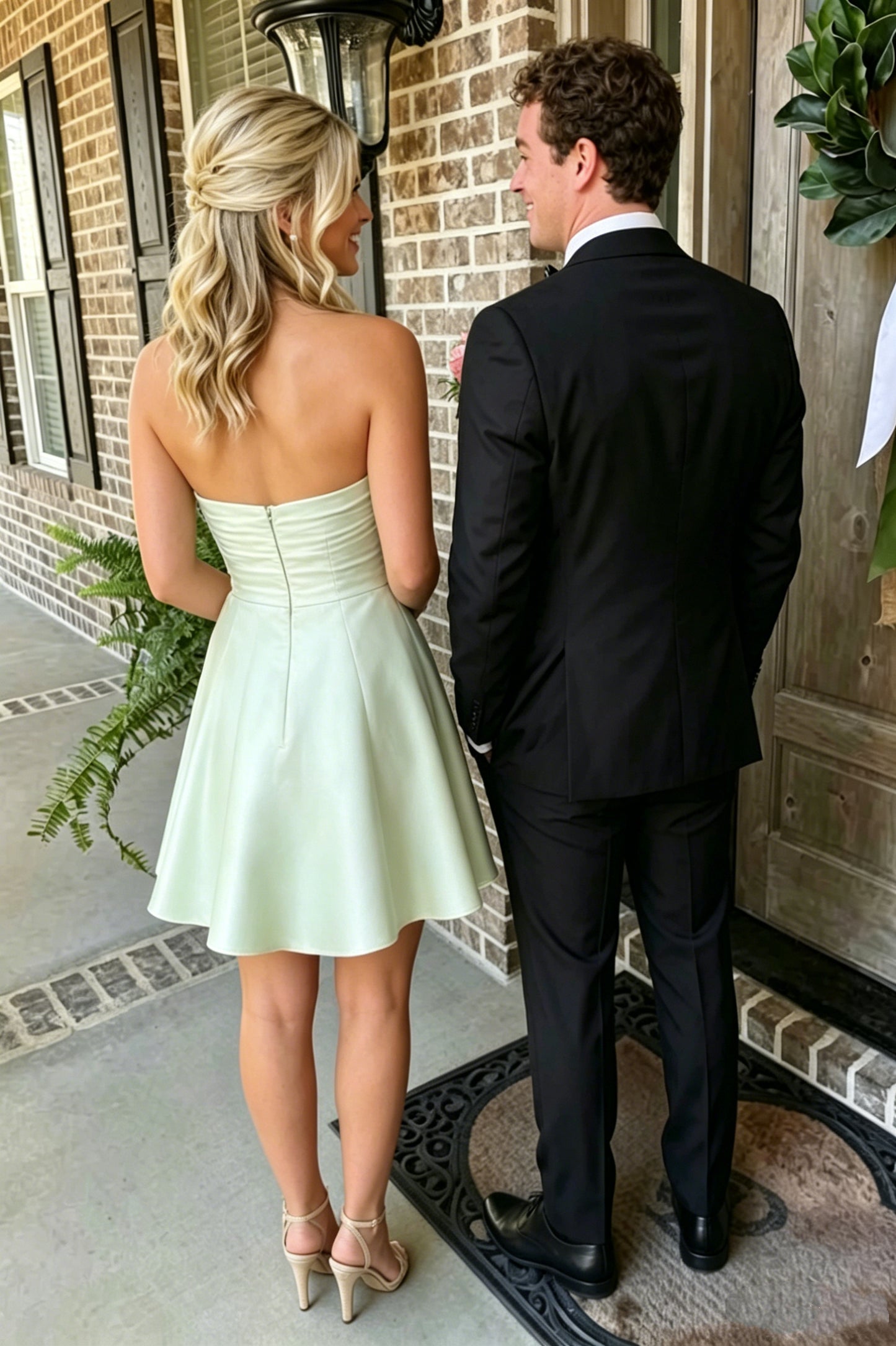 Strapless Satin A-Line Mini Dress with Ruched Bodice