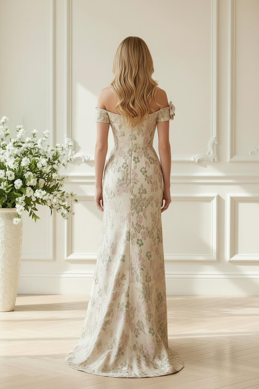 Off-Shoulder Floral Jacquard A-Line Gown