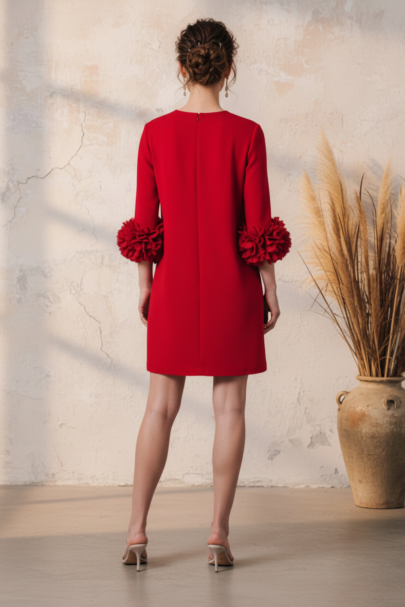 Crepe Shift Dress with 3D Floral Cuffs