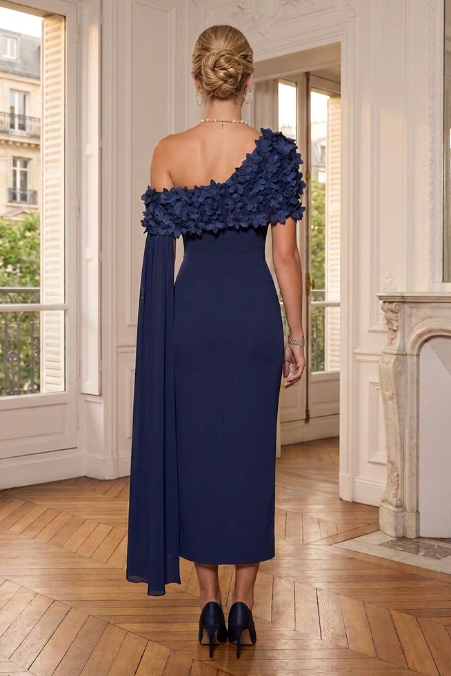 One-Shoulder Floral Appliqué Midi Dress