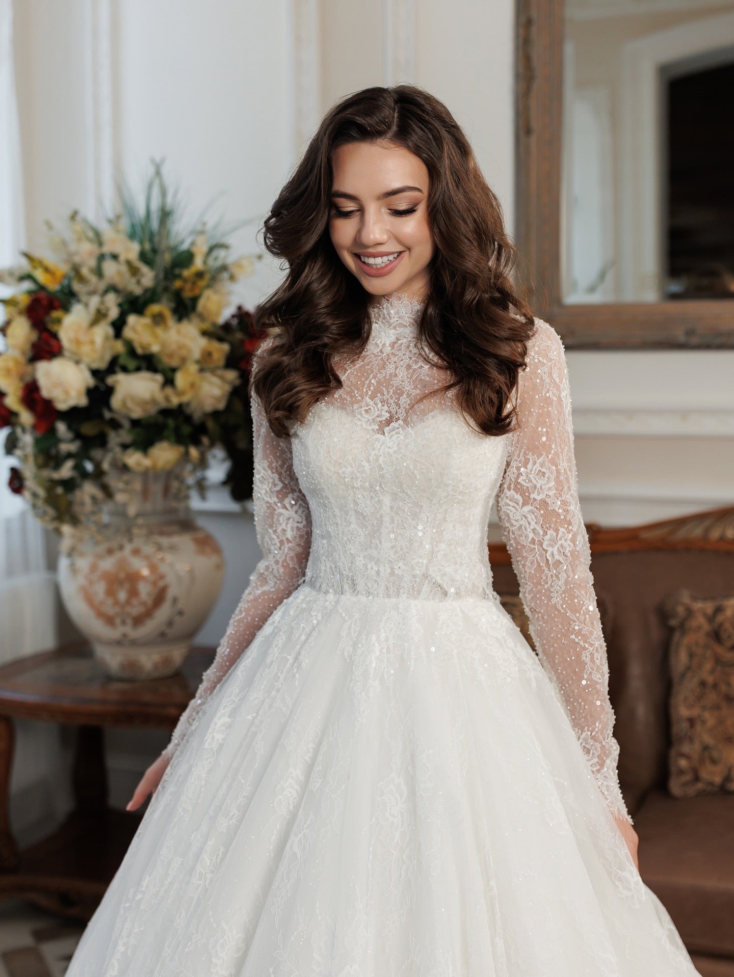 High Neck Lace Long Sleeve Ball Gown Wedding Dress