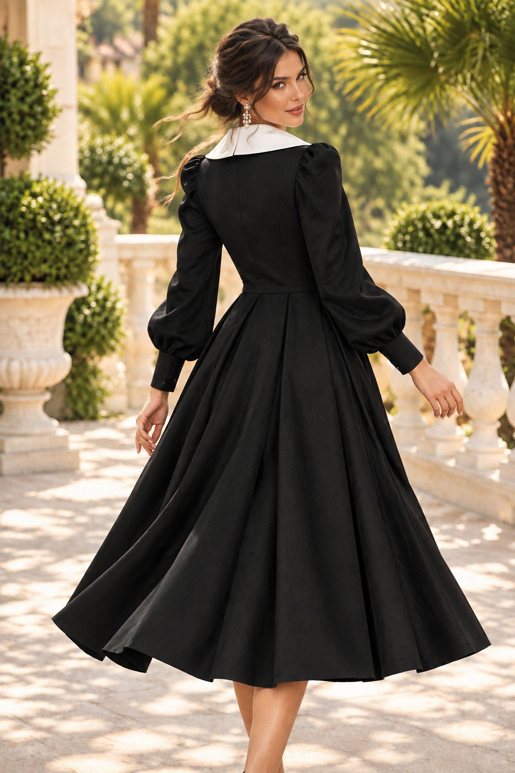 Collared Midi Dress with Long Bishop Sleeves