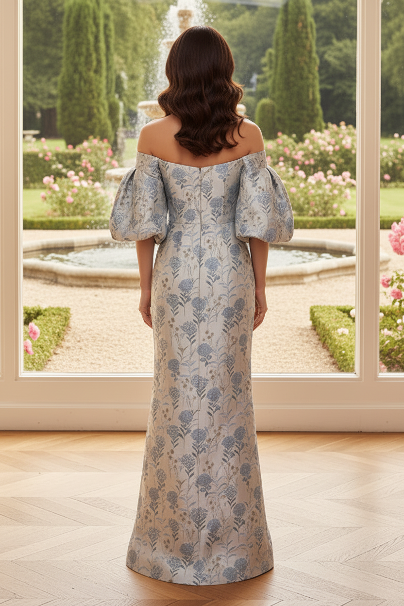 Off-the-Shoulder Floral Jacquard Column Gown