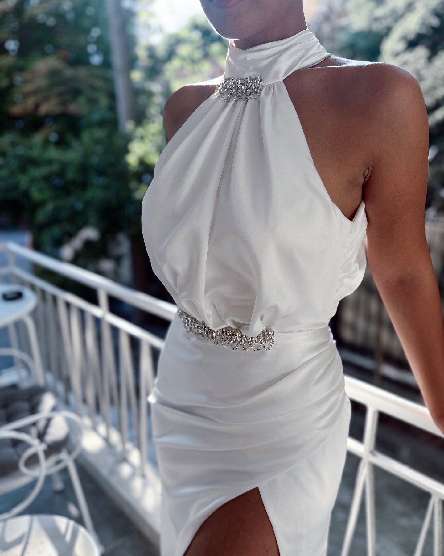 Satin Halter Gown with Crystal Embellishments