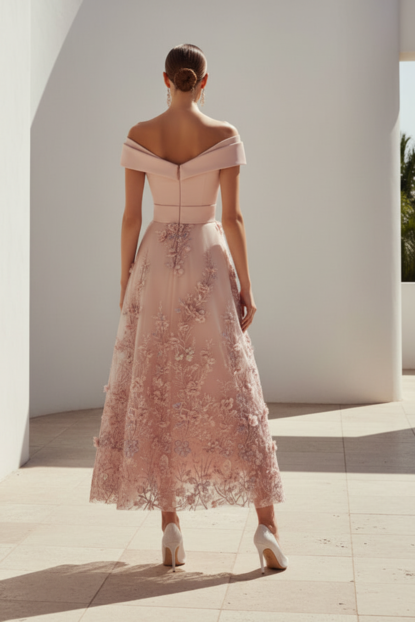 Off-the-Shoulder 3D Floral A-Line Tea-Length Dress