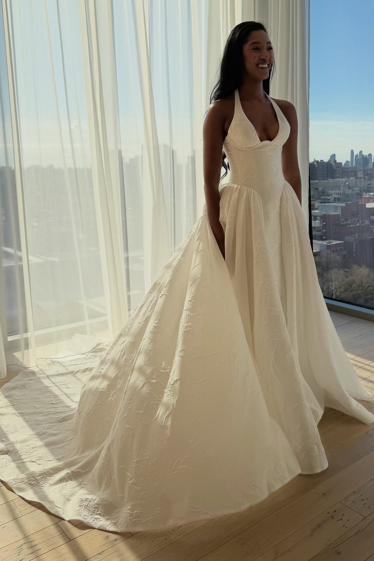 Floral Jacquard Halter Wedding Dress with Train
