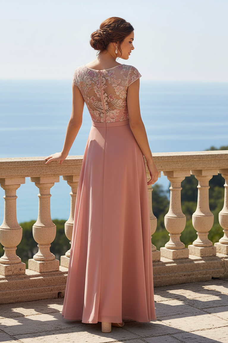 Floral Embroidered Illusion A-Line Evening Gown