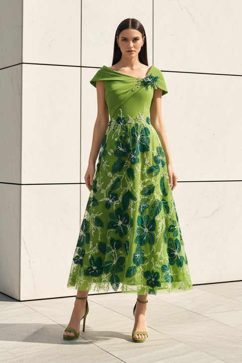 Floral Applique Off-the-Shoulder Midi Dress