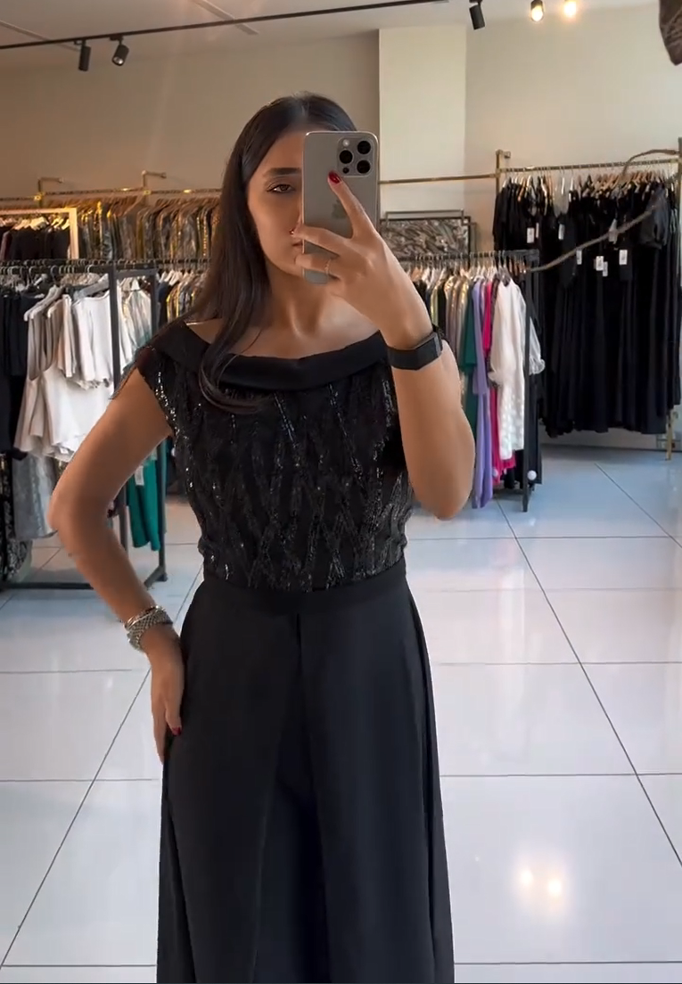 Sequin Bodice Jumpsuit with Chiffon Overskirt