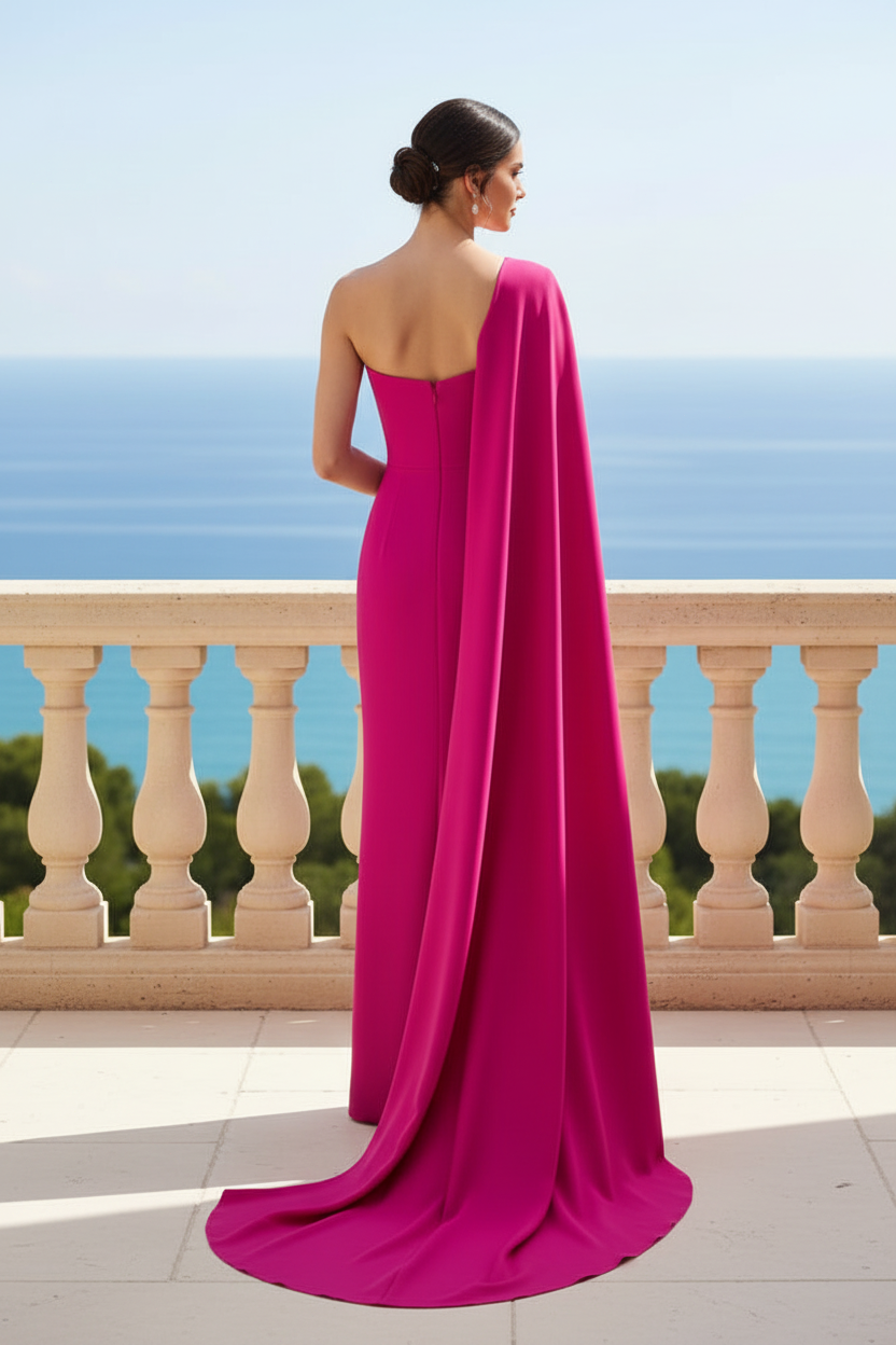 One-Shoulder Cape Column Evening Gown