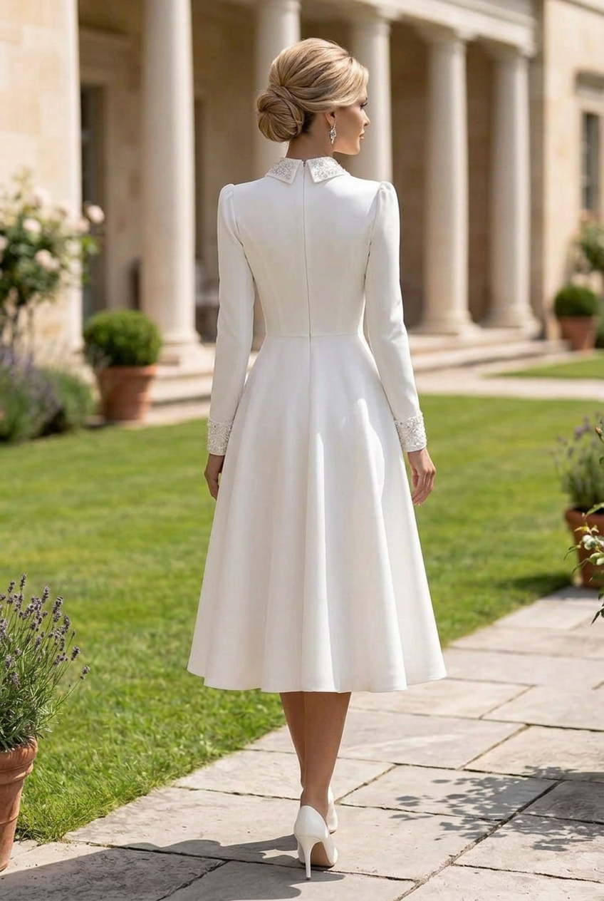 Embellished Collar Long Sleeve A-Line Midi Dress