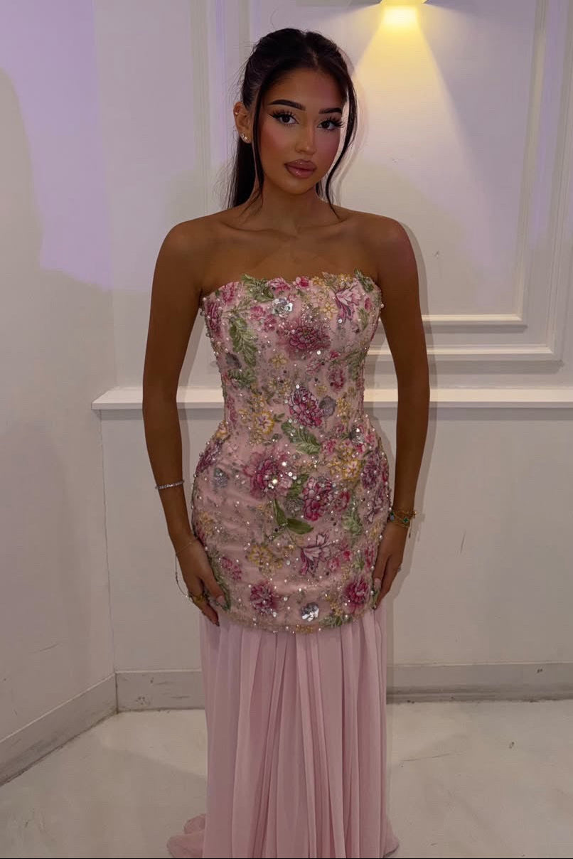 Strapless Floral Beaded Gown with Pleated Skirt
