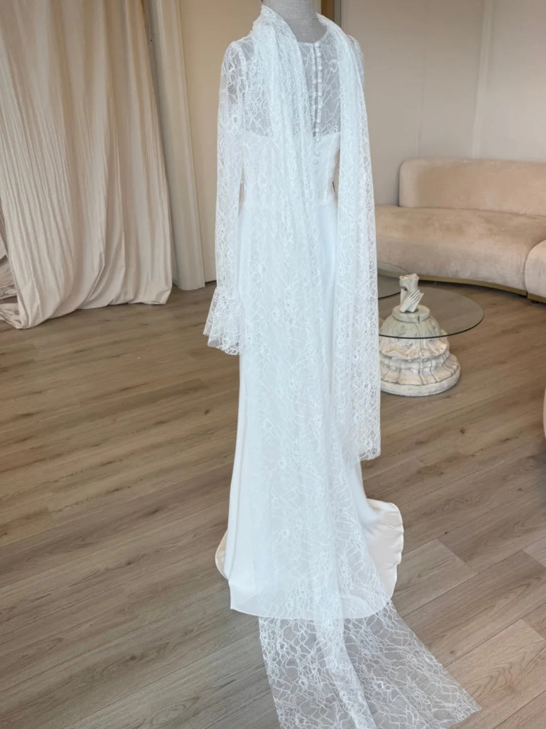 High-Neck Lace Mermaid Gown with Cape