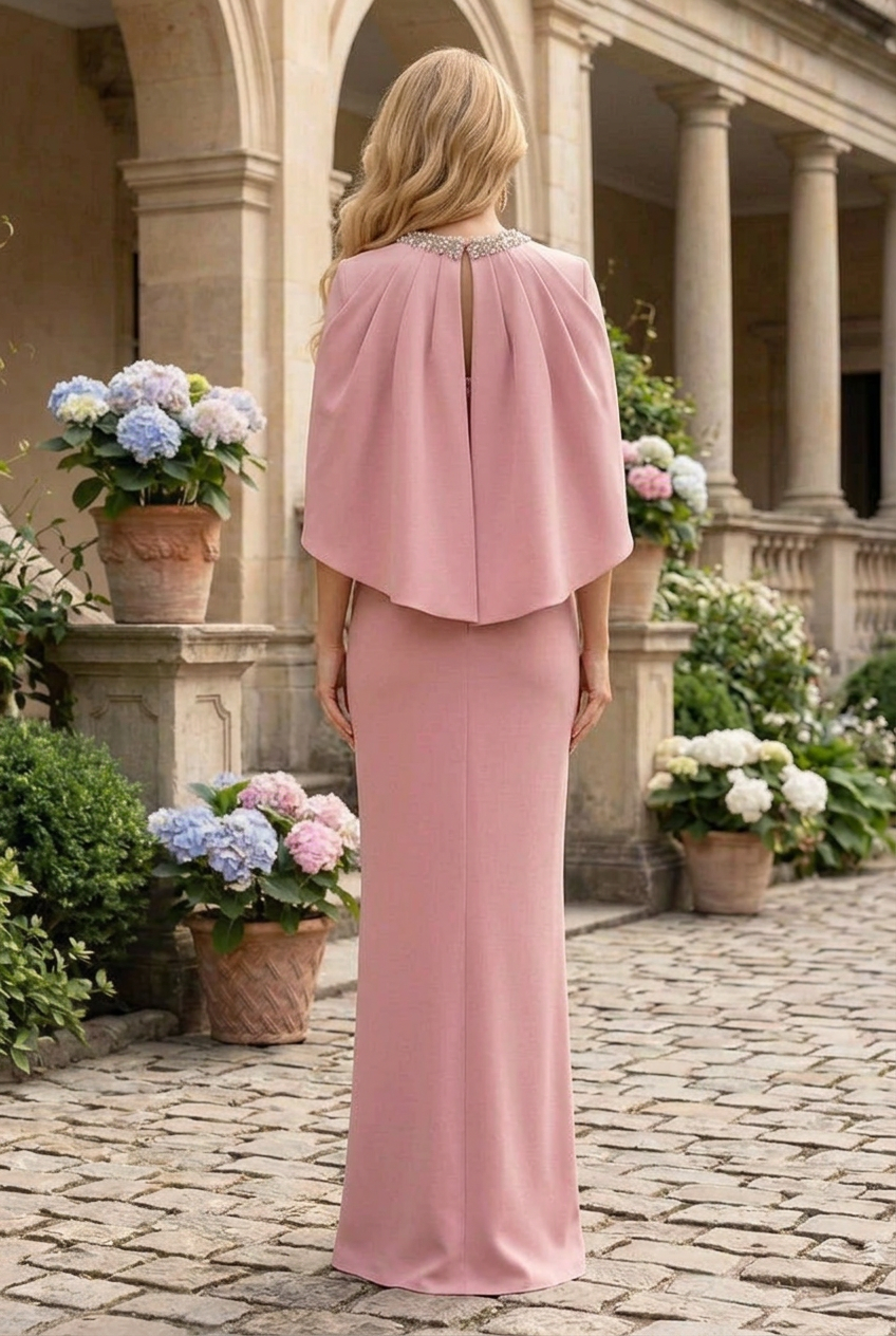 Capelet Column Evening Gown with Beaded Neck