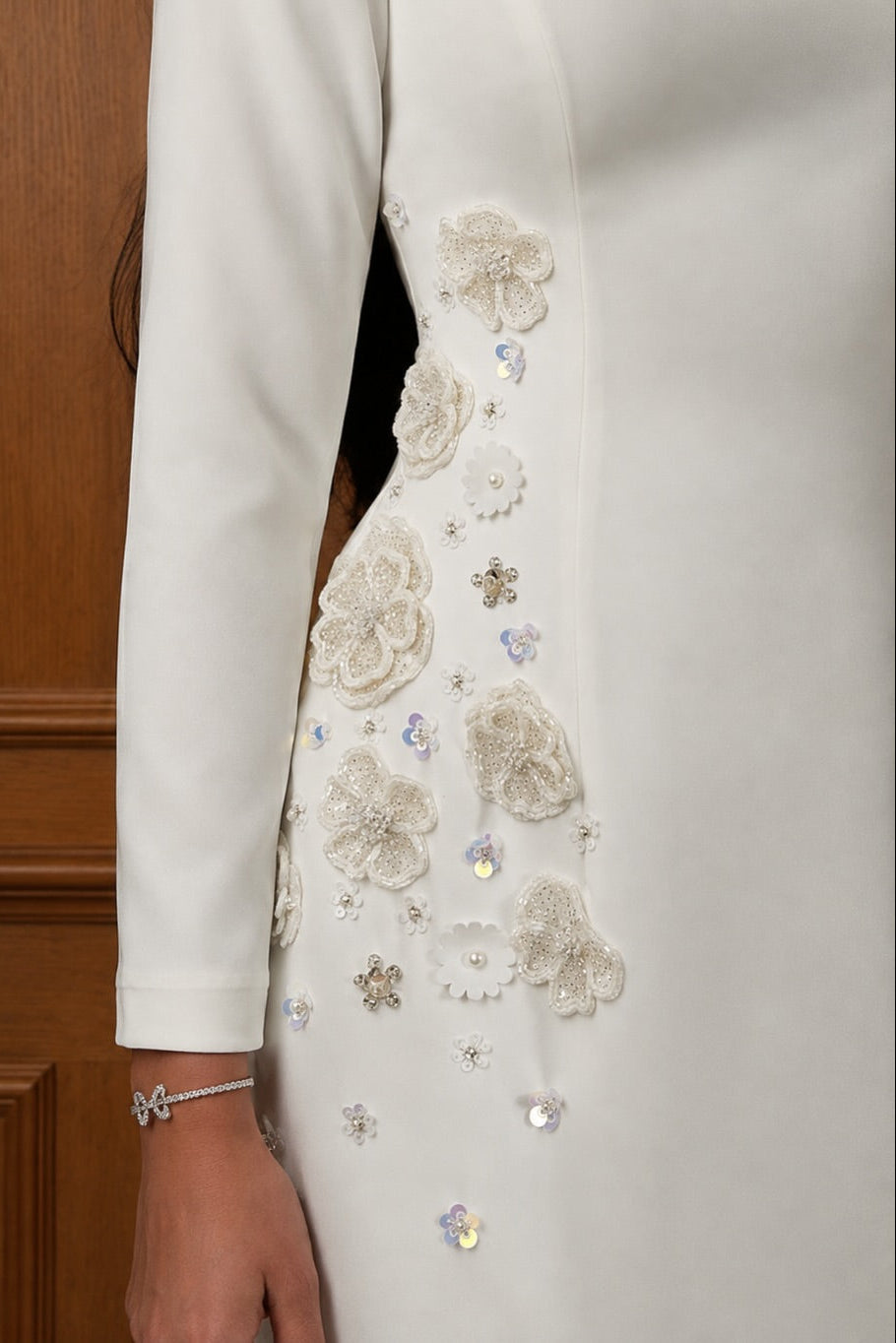 Embellished Floral Long Sleeve Column Gown