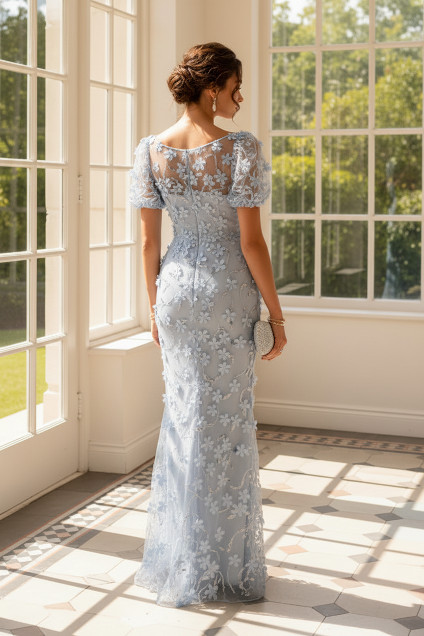 3D Floral Applique Illusion Mermaid Evening Gown
