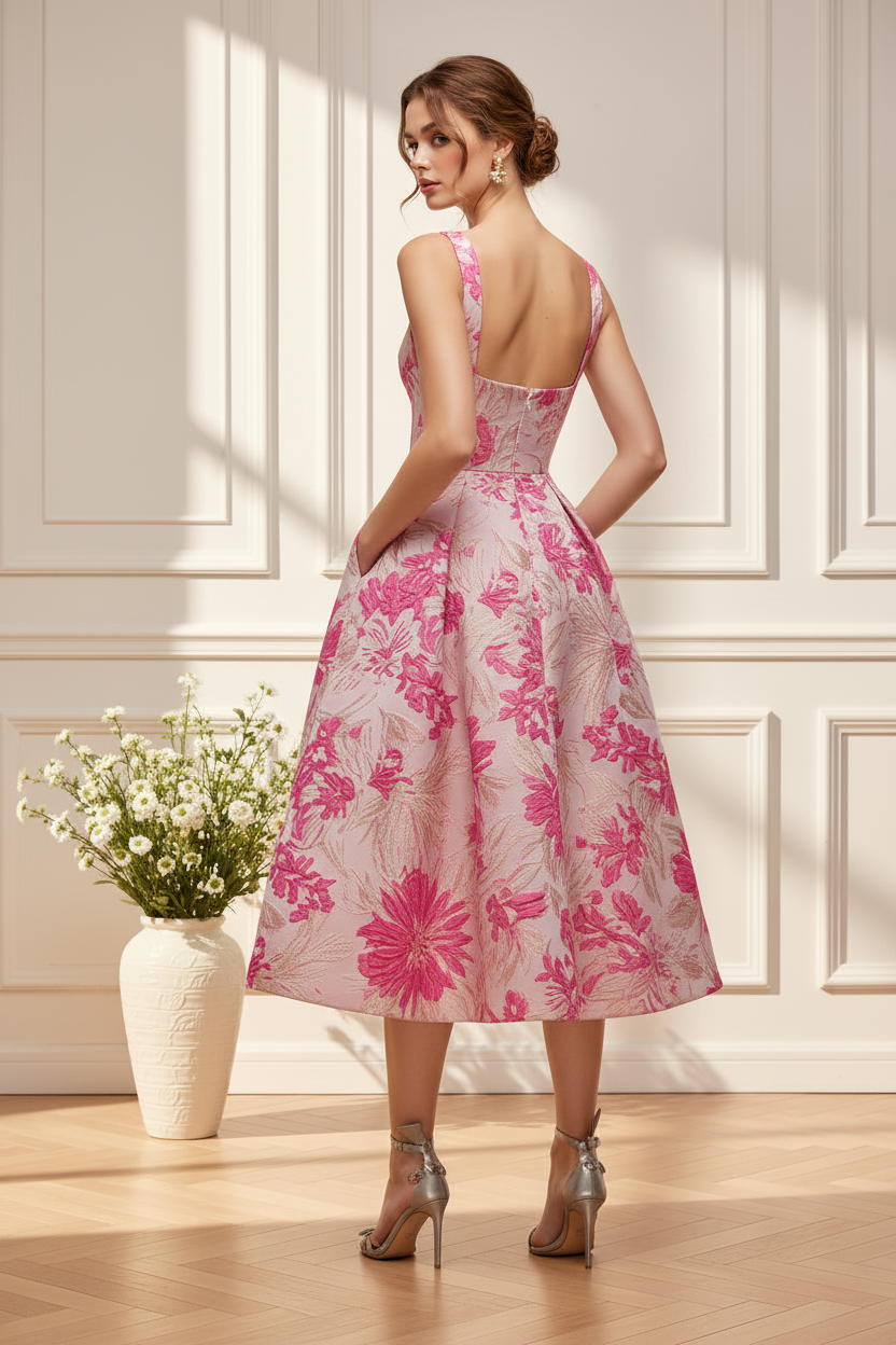 Square Neck Floral Jacquard Midi Dress