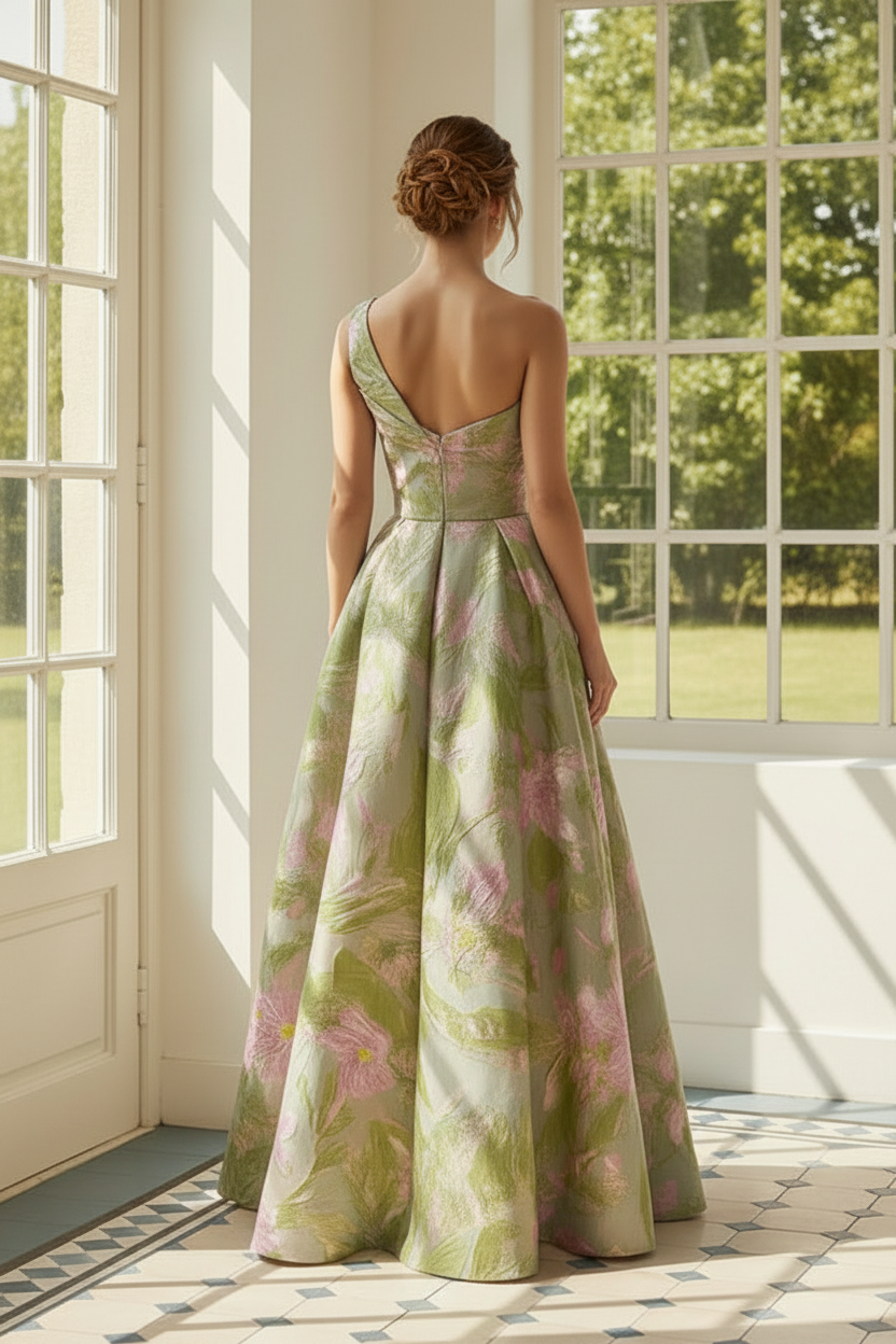 Floral Print One Shoulder A-Line Maxi Gown
