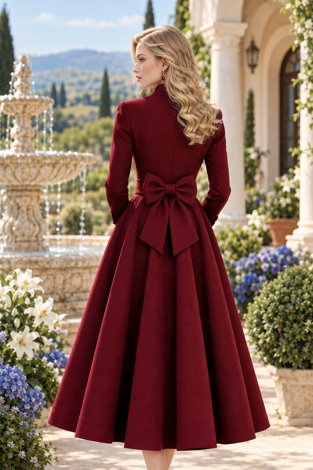 A-Line Coat Dress with Stand Collar and Bow