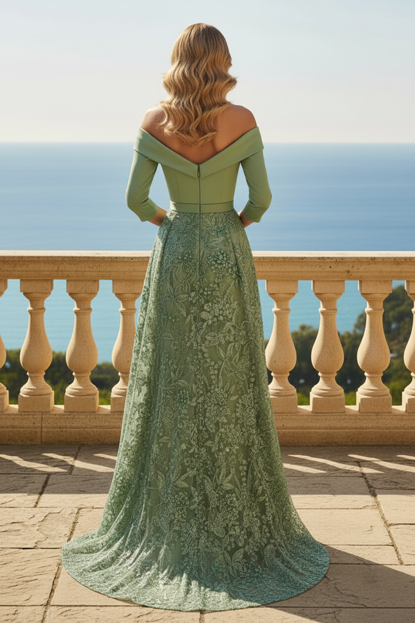 Off-the-Shoulder Embroidered Lace Gown with Train