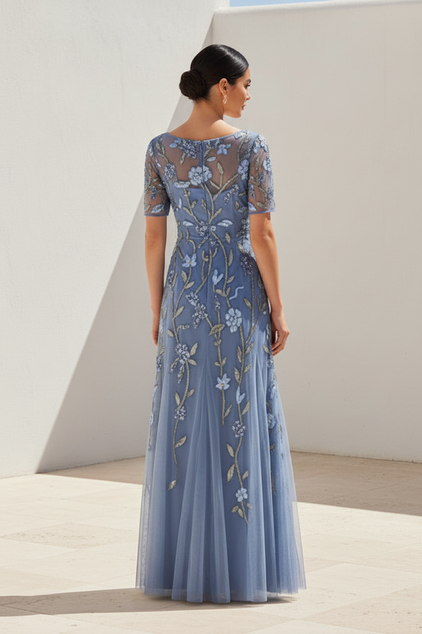 Beaded Floral Tulle A-Line Evening Gown