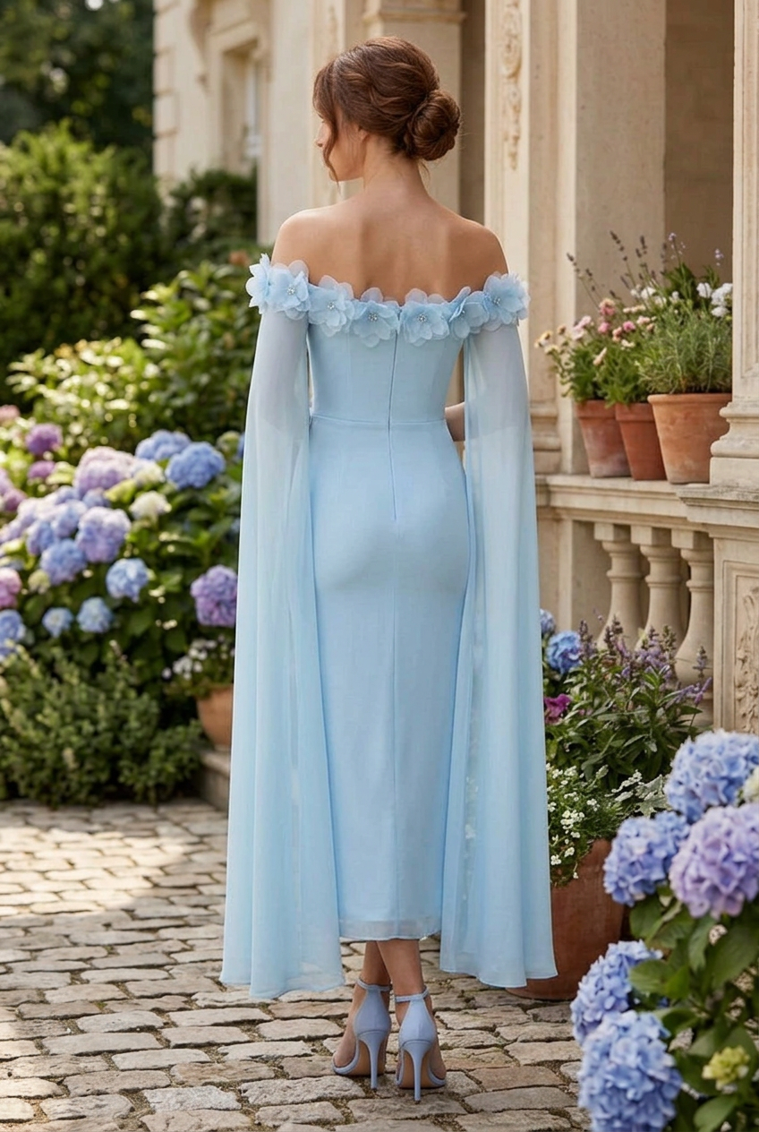 Off-Shoulder Floral Appliqué Cape Sleeve Midi Dress