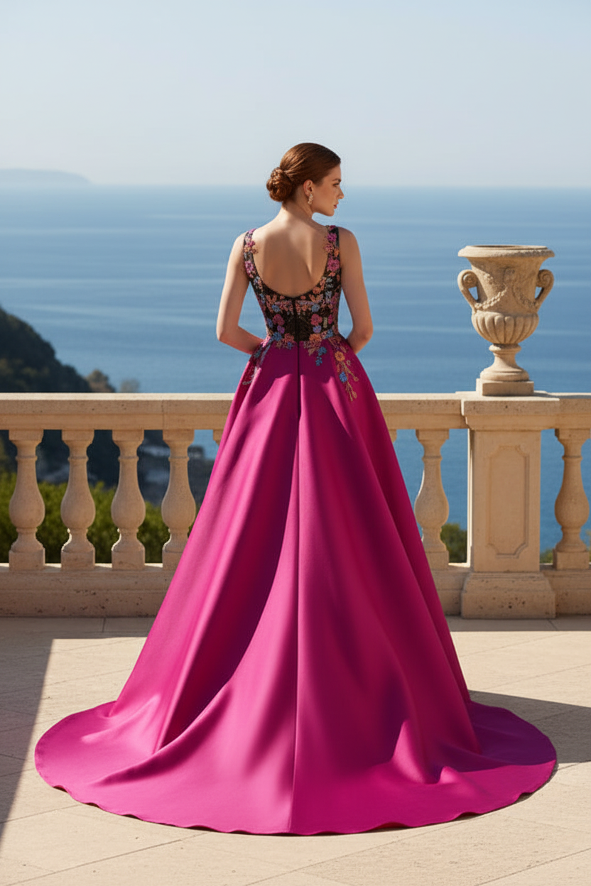 Embroidered Bodice Satin Gown with Train