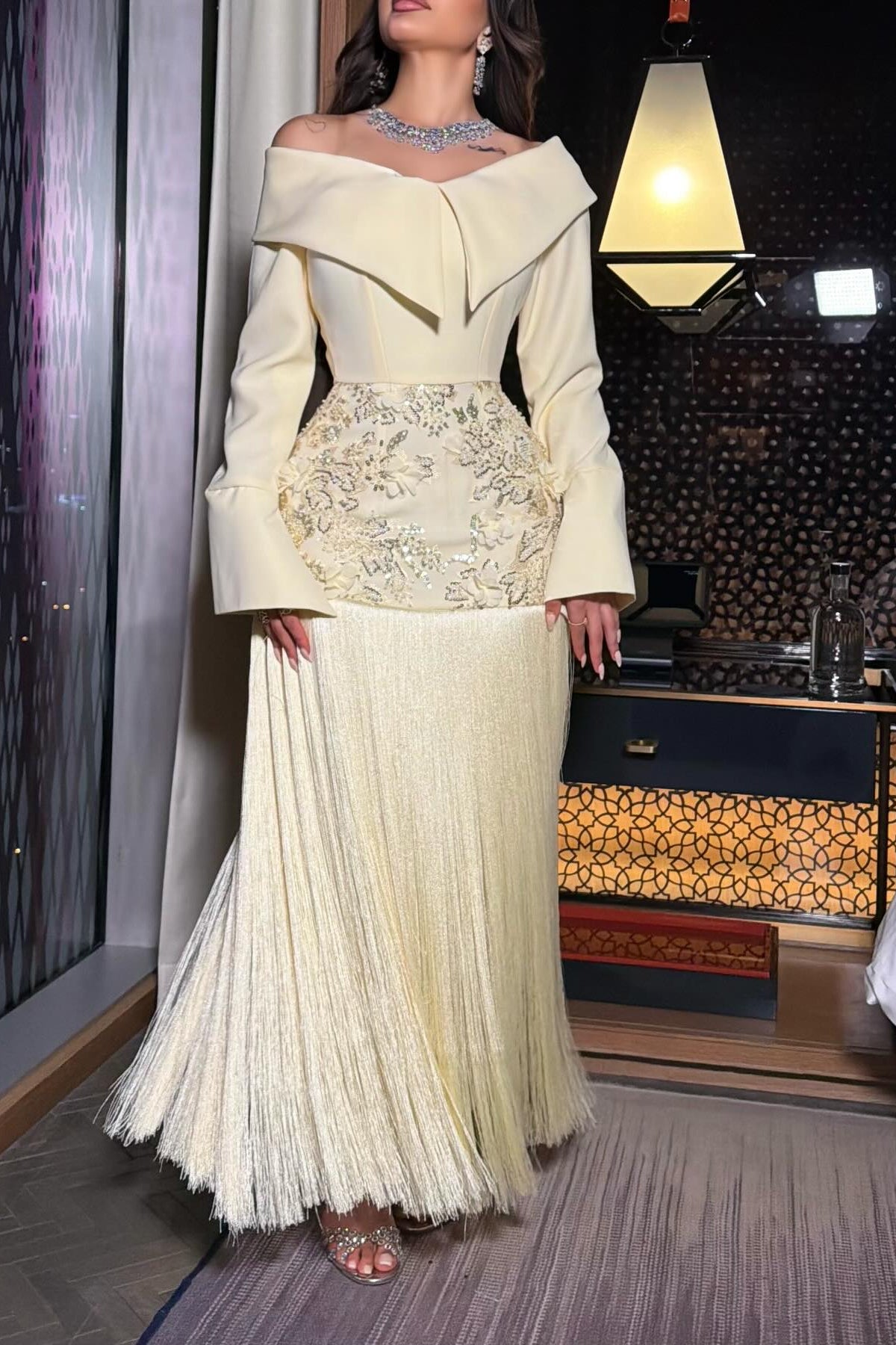 Off-The-Shoulder Embroidered Fringe Maxi Dress