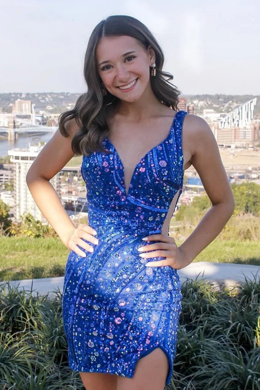 Plunging V-Neck Sequin Cut-Out Mini Dress