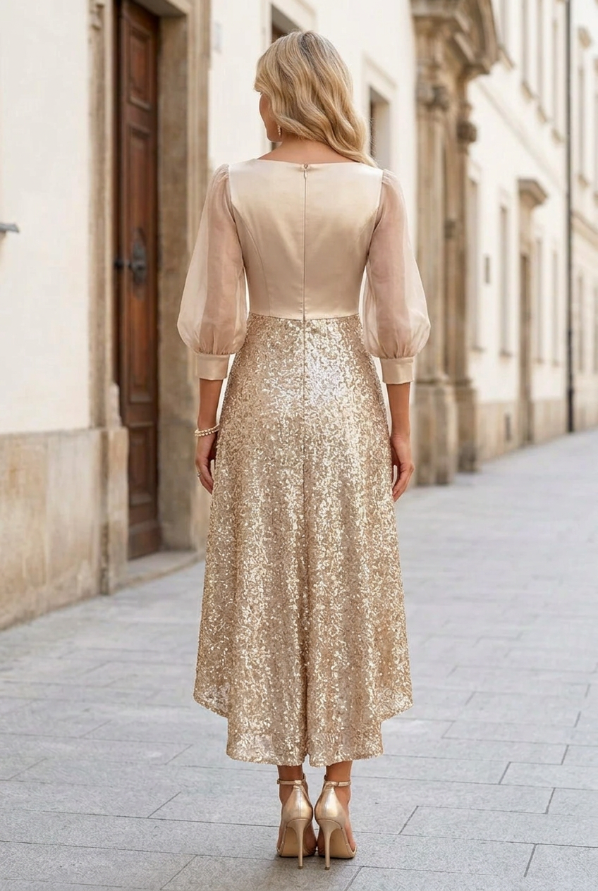 Sequined High-Low Dress with Sheer Sleeves