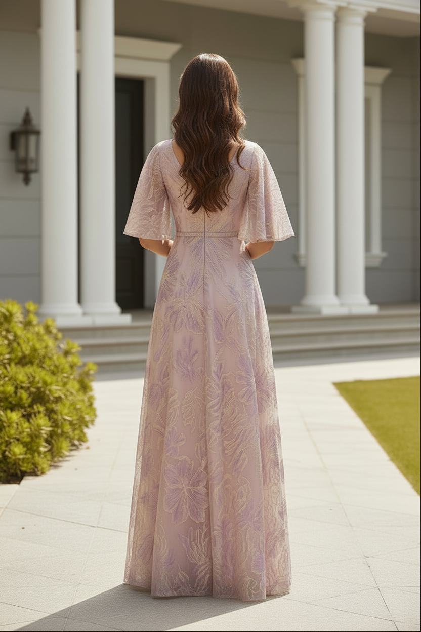 Floral Jacquard A-Line Gown with Flutter Sleeves