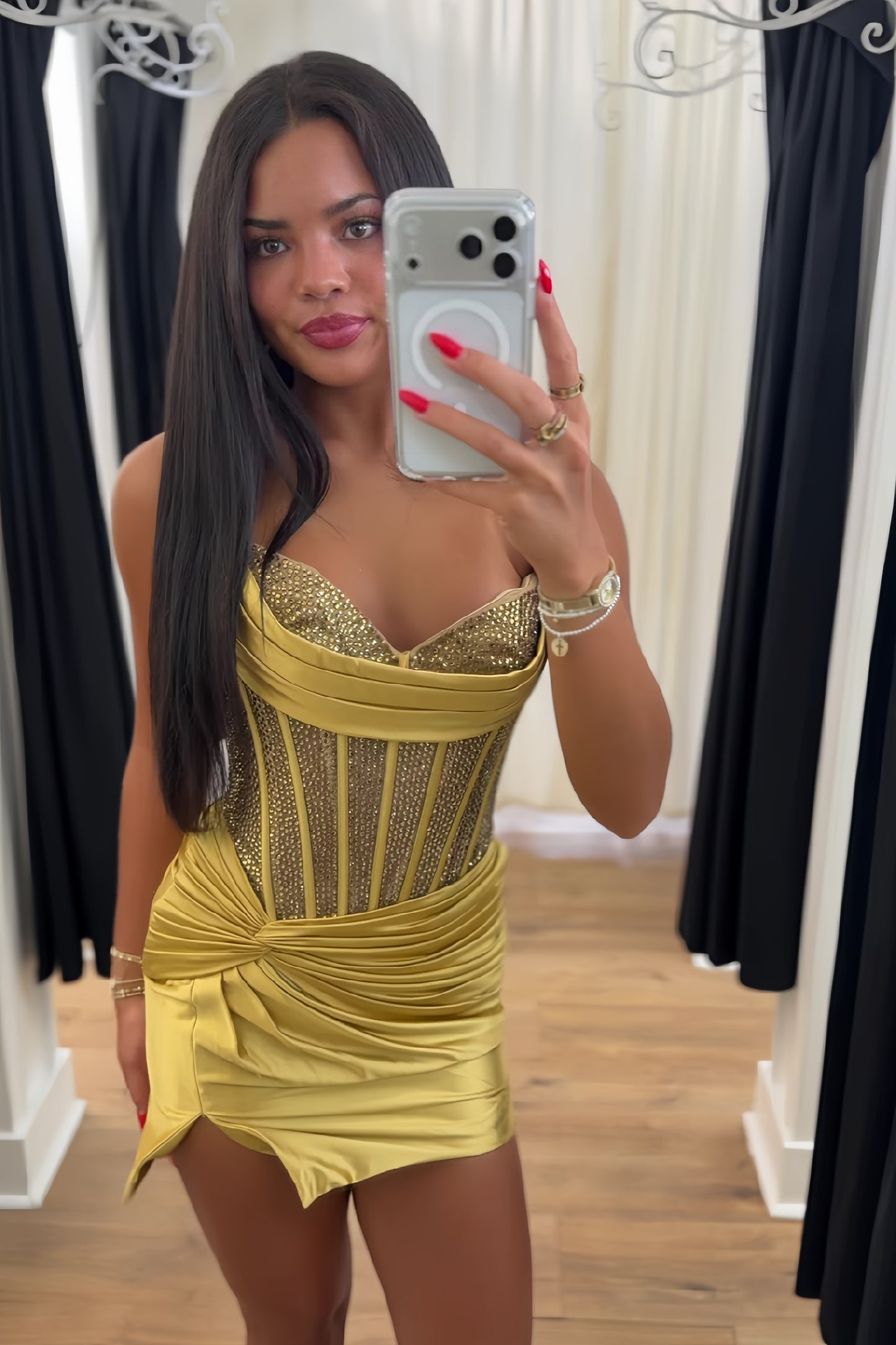 Strapless Rhinestone Corset Ruched Mini Dress