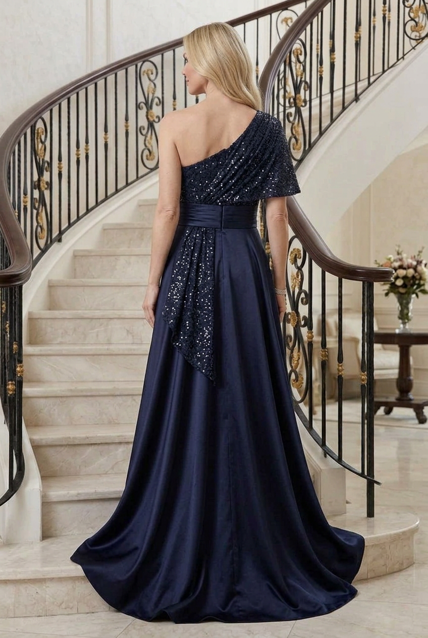 One-Shoulder Sequin Bodice A-Line Evening Gown