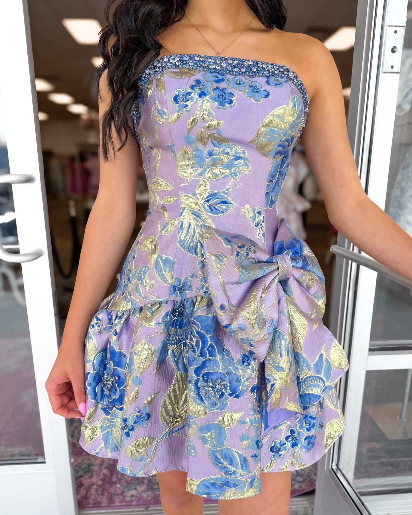 Strapless Floral Jacquard Mini Dress with Statement Bow