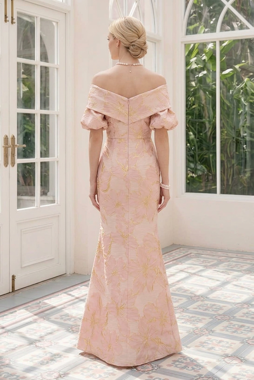 Off-the-Shoulder Floral Jacquard Gown