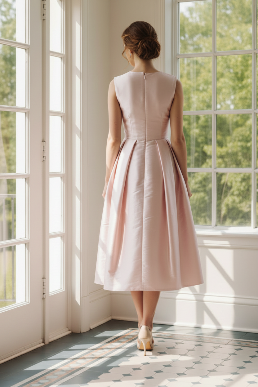 Sleeveless Pleated Taffeta Tea-Length A-Line Dress