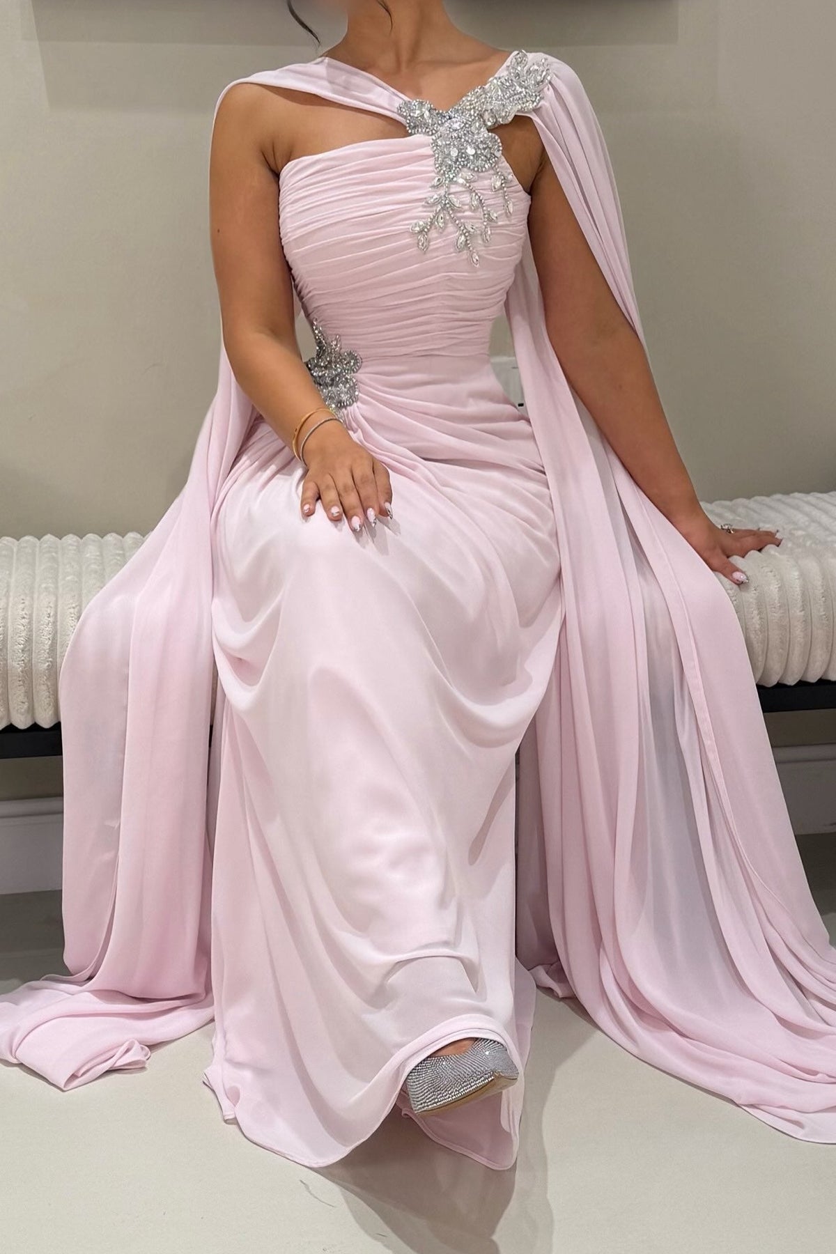 Ruched Evening Gown with Cape and Embellishments