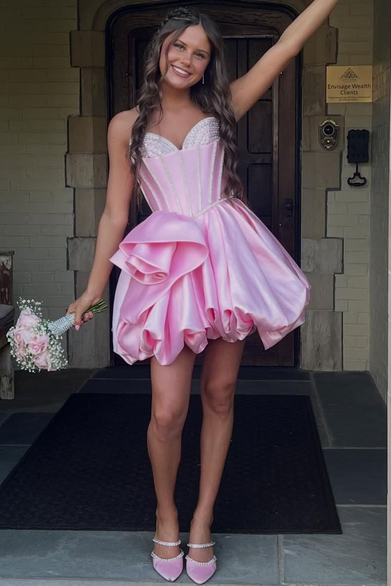 Strapless Sweetheart Pearl Corset Bubble Mini Dress